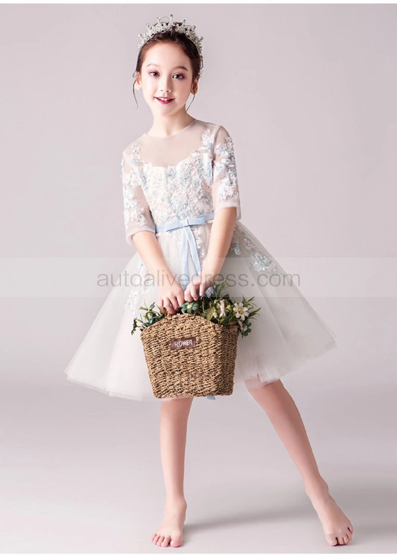 Elbow Sleeves Beaded Lace Tulle Flower Girl Dress